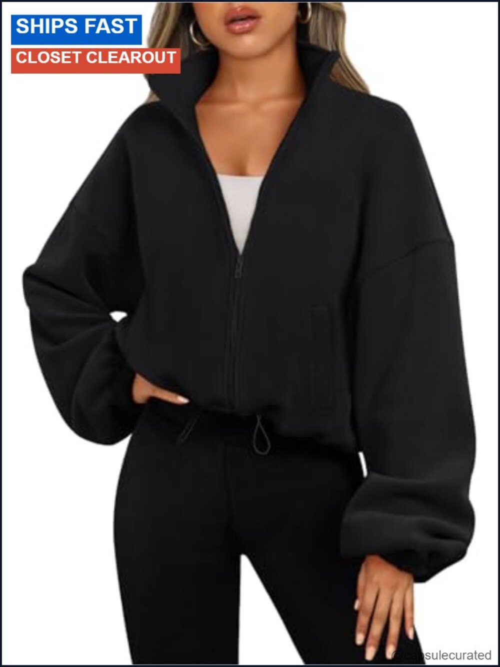 Women's Fleece Zip Up Jacket Oversized Cropped Sweatshirt 100% Polyester